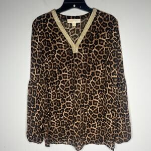 Michael Kors Leopard‎ Print Blouse Gold Metallic Trim V-Neck Long Sleeve Sz S